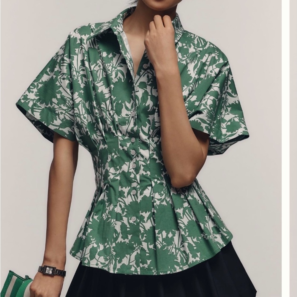 Anthropologie - The Tobie Short-Sleeve Pleated Blouse by Exquise, size XL